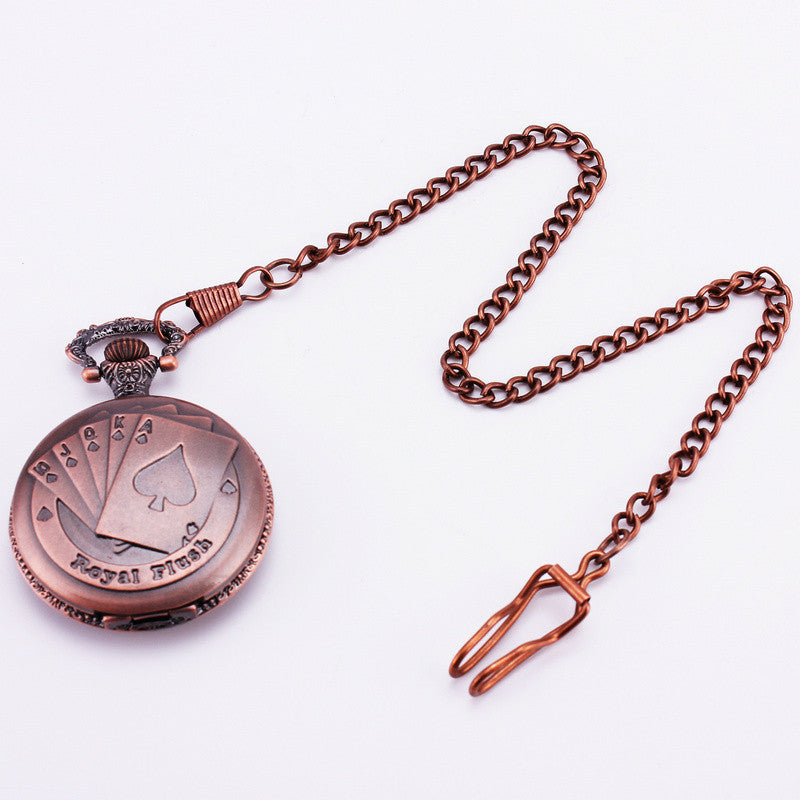 Royal Flush Poker Embossed Vintage Copper Bronze Quartz Pocket Watch