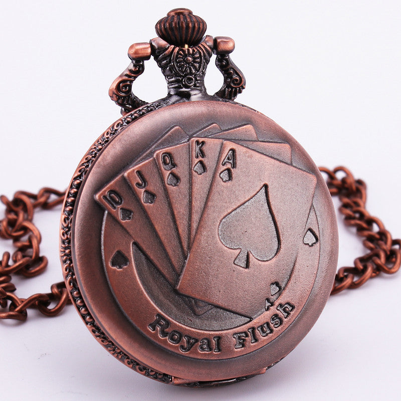 Royal Flush Poker Embossed Vintage Copper Bronze Quartz Pocket Watch