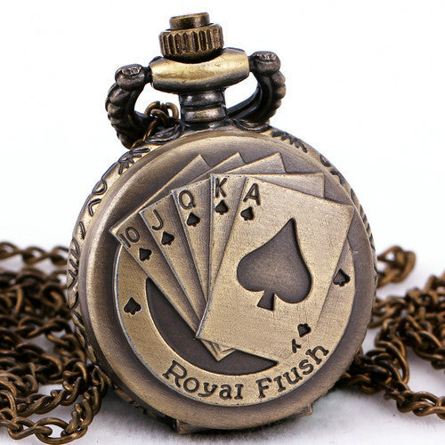 Royal Flush Poker Embossed Vintage Copper Bronze Quartz Pocket Watch